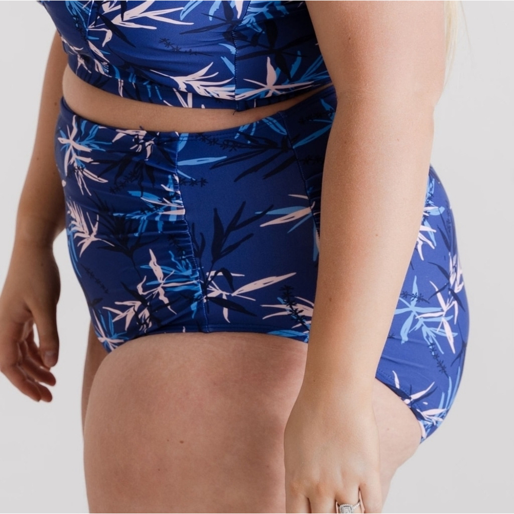 NWT 2XL High Waist Ruched Bikini Swimsuit Bottom Blue Palm - Picture 6 of 16